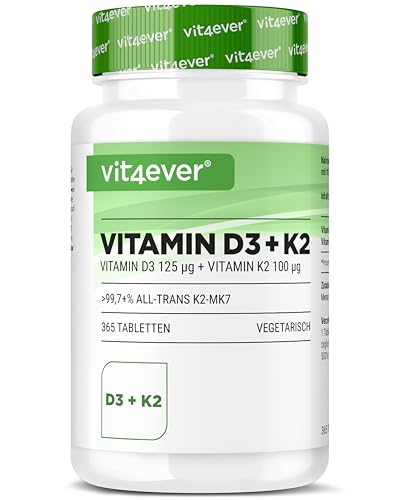 vit4ever Vitamin D3 + K2 Depot - 365 Tabletten - 5000 I.E - 99,7% All-Trans