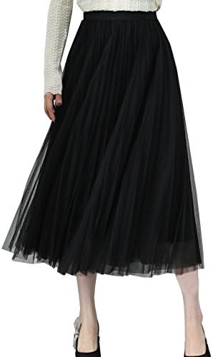 LAUWEE Women’s High Waist Pleated Long Black Skirt Stretchy Tulle dress