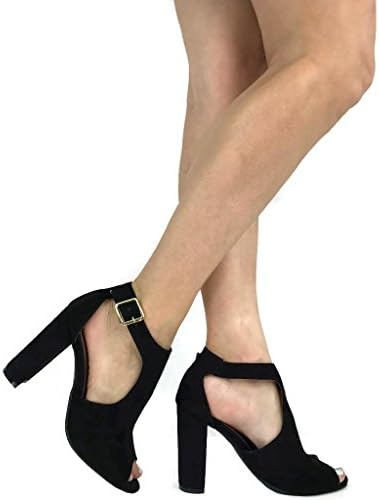 Women's Open Toe Ankle Strap Bootie Sandal Open Side Cutout Mid Block Heel, Black, 10