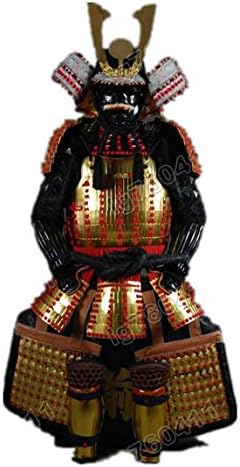 手作り甲冑 兜 等身大鎧 成人用 ウェアラブル日本の鎧スーツリュストゥンゴールデン ブラック赤いひもh10