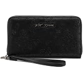 Betsey Johnson Western Skulls Wristlet Wallet, Black, Embossed Skull Design with Detachable Strap, 8x4.5 Inches