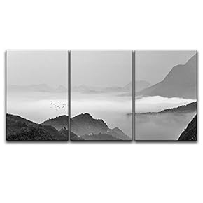 3 Panel Canvas Wall Art - Landscape of Mountains in The Mist in Black and White - Giclee Print Gallery Wrap Modern Home Art Ready to Hang - 16"x24" x 3 Panels