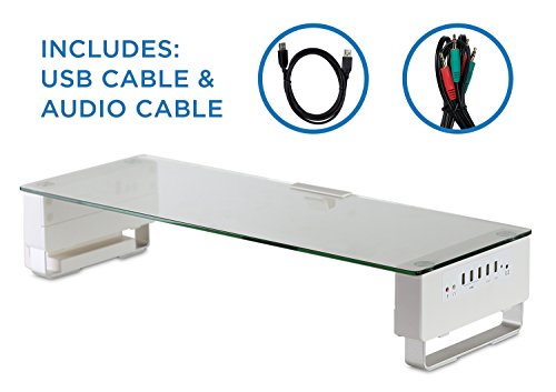 Computer Monitor Stand with 5 USB Ports Desktop Riser, Clear Tempered Glass, Fits 24, 27, 30, 32 Inch Screens, 66 Lbs Capacity