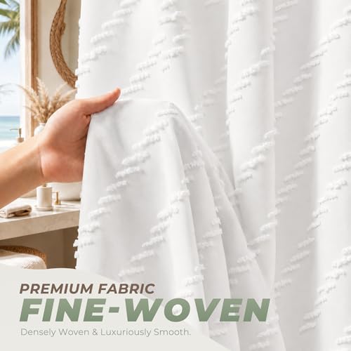 White Boho Fabric Shower Curtain 72 x 72 Inches, Modern Shabby Chic Textured Tufted Chevron Striped Minimalist Cloth Bathroom Shower Curtain