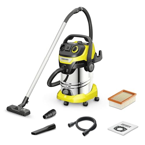 KÄRCHER Aspirateur Eau & Poussières WD 6 P S V-30/8/35/T, Prise Asservissement, Soufflerie, 1300W, Cuve INOX 30L, Flexible 3.5m, Filtre plissé Plat et Sac Non-tissé.