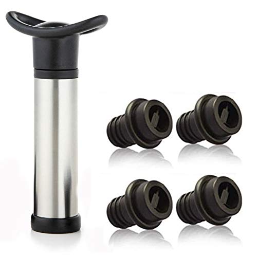 Vacuum Wine Saver Pump Preserver with 4 Vacuum Wine Stoppers, Black, Stainless Steel, Food Grade Material, Keep Wine Fresh and Flavorful for 14 Days - Thumbnail 4