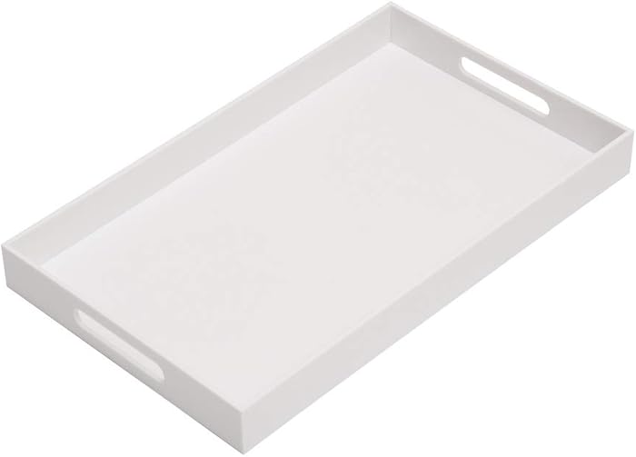 Glossy White Sturdy Acrylic Serving Tray with Handles-12x20Inch-Serving Coffee,Appetizer,Breakfast,Butler-Kitchen Countertop Tray-Makeup Drawer Organizer-Vanity Table Tray-Ottoman Tray-Decorative Tray
