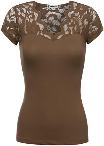 THENEWNEW Womens Short Sleeve V-Neck T-Shirt With Lace Detail MOCHA 3X-LARGE