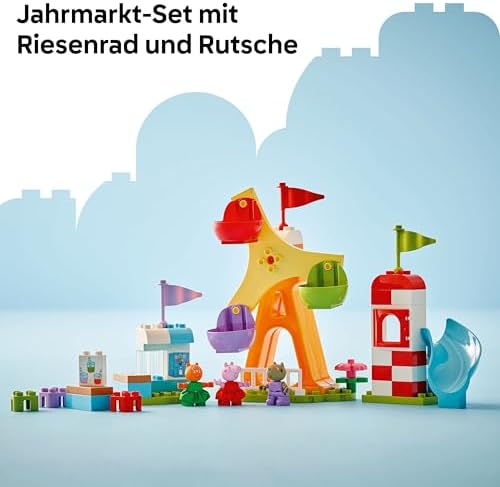 DUPLO Peppa Wutz Jahrmarkt - Montessori Spielzeug - Motorikspielzeug für Kinder ab 2 Jahren - Vorschule Spiele mit Riesenrad, Rutsche & 3 Figuren inkl. Mollie Mieze & Klausi Kläff 10453