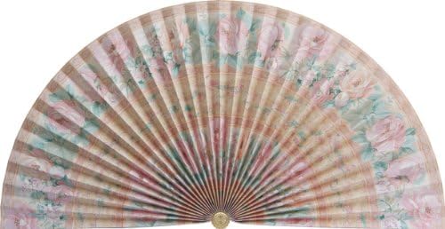 Neat Pleats Decorative Fan, Hearth Screen, or Overdoor Wall Hanging - Victorian English European Floral Flower Garden in Rose Pink & Mint Green with Band Stripe - LARGE
