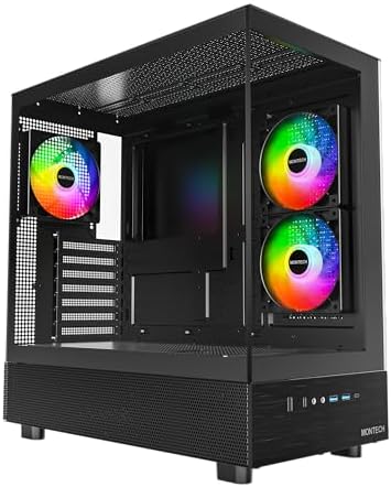 MONTECH XR, ATX Mid-Tower PC Gaming Case, 3 x 120mm ARGB PWM Fans Pre-Installed, Full-View Dual Tempered Glass Panel, Wood-Grain Design I/O Interface, Support 4090 GPUs, 360mm Radiator Support, Black