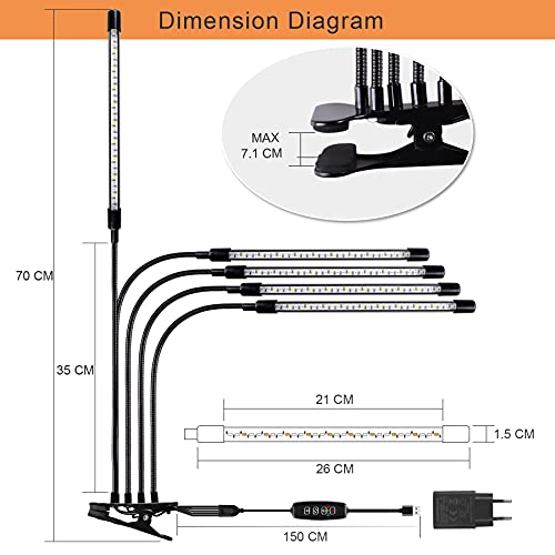 Aogled Lampe LED Horticole 50W,5 Têtes Lampe Pour Plante avec Clip 150LEDs avec 360° Adjustable,3/9/12H Cycle Minuterie,3 Modes&10 Luminosité,Grow Light Pour la Croissance des Plantes