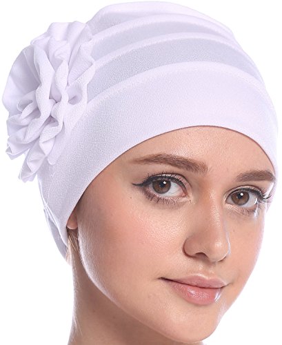 DancMolly Muslim Chemo Turban Ruffle Mesh Headband Beanie Cap Scarf For Cancer Patient (White) - Thumbnail 3