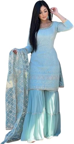 FASHION FRONTIER Beautiful Chinnon Punjabi Style Sharara Suit For Women Ready To Wear Salwar Kameez With Dupatta