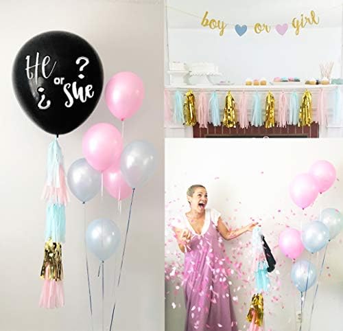 Gender Reveal Party Balloon and decorations Pink & Blue Party Supplies Boy or Girl Banner 36 inches Black Balloon Confetti