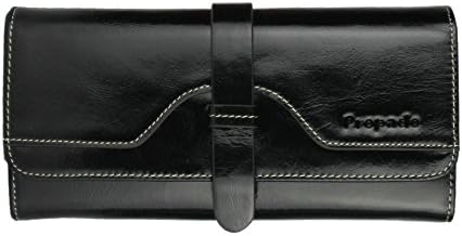 Propado Women's Luxury Wax Genuine Leather Long Wallet with Zipper Pocket (Black)