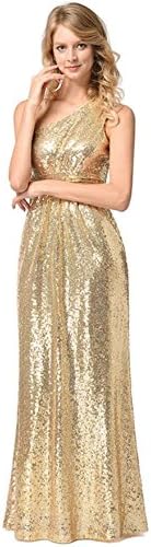 TowerTree Women Sequined Long Maxi Dress Feminino Sexy Sequin One-Shoulder Tunic Zip Side Evening Party Mermaid Gown(XXLarge, GOLD23)