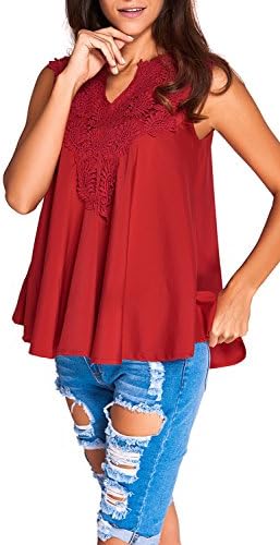 Yonas Women's Off Shoulder Embroidered Applique V Neck Blouse Tank Top(SIZE S/RED)