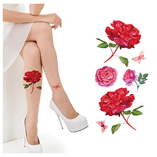 KOMMOK 15 Sheet Waterproof Temporary Tattoos, Large 3D Sexy Realistic Flowers Rose Peony Water Transfer Stickers, Body Art Temporary Tattoo for Kids Adults Men and Women