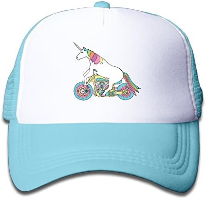 Kid's Unicorn Riding A Motorcycle Funny Trucker Mesh Baseball Cap Hat Trucker Hats SkyBlue
