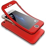 PHEZEN iPhone 5S Case,iPhone SE Case, 3 in 1 Shockproof Full Body Coverage Protection Soft TPU Silicone Rubber Case with Tempered Glass Screen Protector for iPhone SE/5/5S, Red