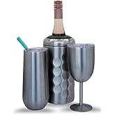 Champagne Bottle Chiller Gift Set- Portable Stainless Steel Sparkling Wine Cooler with 2 Champagne Flutes (Black)