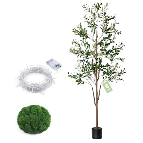 Olive Tree, 6FT Tall Faux Olive Tree with Moss and Planter, Olive Trees Artificial Indoor with Realistic Wood Trunk and Lifelike Fruits, Olive Fake Tree for Home Office Living Room Decor