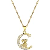 Izpack Cute Rabbit Moon Pendant Necklace for Women Stainless Steel Cubic Zirconia Crystal Crescent Moon Bunny Animal Star Adjustable Choker Gold Plating Chain Necklaces Dainty Easter Birthday Jewelry
