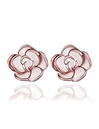 2 pares pack blanco negro Rose Gold Plated flor Stud arete para las mujeres las niñas