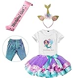 Girls Birthday Tutu Skirts Dress with Mermaid Birthday Girl Tshirt, Headband, Satin Sash (Lavender w/Leggings, 3-4 Years)