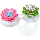 Buorsa 2-pack Lotus Flowers Cotton Swab Holder, Small Q-tips Toothpicks Storage Organizer,Bathroom Vanity Canister(GREEN+PINK)