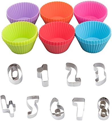 24 Pack Reusable Silicone Baking Muffin Cups/Cupcake Lines and 9 Metal Number Cookie Cutters