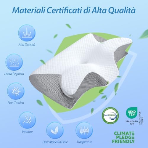 Cuscino Cervicale 2 in 1 Memory Foam per Dormire,Grigio,60x40x12/14cm