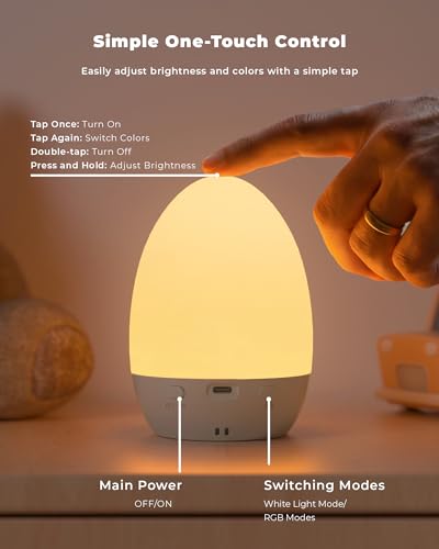 Tobeape Rechargeable Night Light Table Lamp, Touch Bedside Lamp for Bedroom with 3 Color Temps, 12 RGB Color Changing & Stepless Dimming, Portable Egg Night Lamp for Kids Baby Nursery