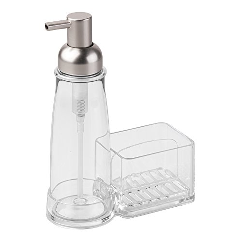 InterDesign Clarity Soap Dispenser Pump and Sponge & Scrubber Caddy - Kitchen Sink Organizer, Clear/Brushed