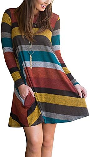 Kangwoo Women's Long Sleeve O-Neck Casual Loose Tunic Print Striped Sweater Dress With Side Pockets
