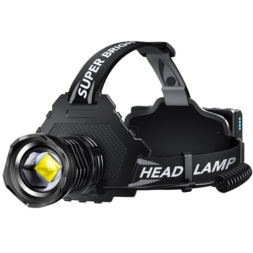 AKNEAR Rechargeable LED Headlamp Super Bright, 990000 High Lumens Head Lamp Zoomable, 25Dys+ Runtime & 12 Mode & Lightweight Comfort & 125° Adjustable Waterproof Head Light for Outdoor