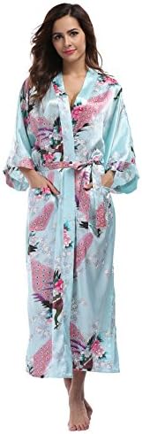Women's Floral Long Silky Kimono Robe Satin Long Robe Nightwear with Pockets- Peacock & Blossom
