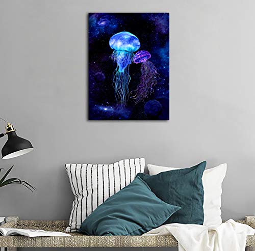 Jellyfish Wall Art Galaxy Canvas Picture Blue Fantastic Cosmic Canvas Artwork Contemporary Art Prints Framed for Home Office Kitchen Bathroom Bedroom Nursery Living Room Decor 12\