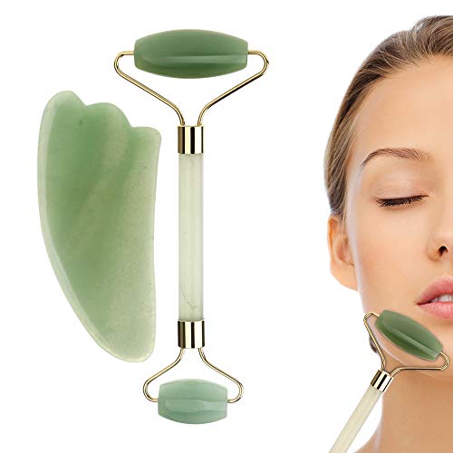 Jade Roller & Gua Sha Massage Tool Set, Jade Roller for Face, 100% All-Natural jade, Highly Potent, Anti Aging Wrinkle, Facial Massager Therapy, Clears Toxins, Reduces Puffiness