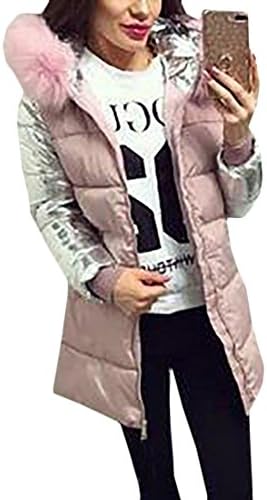 xtsrkbg Women Slim Fit Color Block Faux Fur Hooded Mid-Length Metallic Down Jacket Pink XL