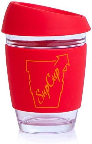 Reusable Coffee Cup Glass – 12oz Smooth Silicone Lid and Heat Resistant Sleeve - Medium sized Mug for Hot & Cold Beverages - Dishwasher Safe & Microwavable - Cups to go | BPA Free - SupCup - Red