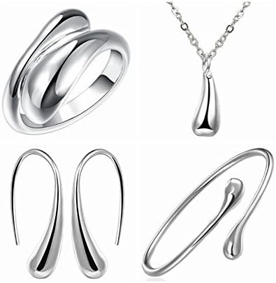 Spiritlele 4 PCS Adjustable Teardrop Jewelry Set Silver Earrings Bangle Ring Necklace Pack for Women Girls