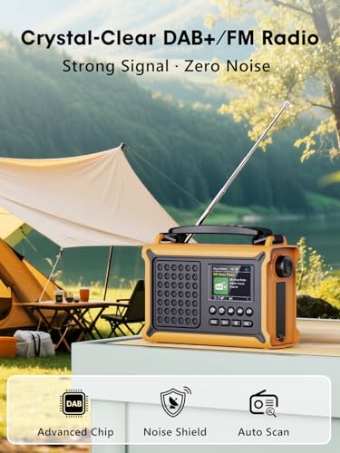ROCAM DAB+/FM Radio with Bluetooth, 12000 mAh Crank Radio with 8500 mm² Solar Panel & 650 mA Crank, Portable Solar Digital Radio with 2.4 Inch Colour Display, 80 Transmitters, SOS, LED Torch, USB, IPX6 for Outdoor Use