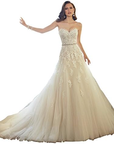 Elley Women's Sweetheart A-Line Applique Bodice Strapless Tulle Church Wedding Dress for Bride Light White US16
