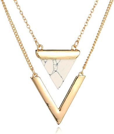 Women Double Layer Necklaces Gold Triangle Pendant Necklace Adjustable Chain (White)