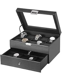 BEWISHOME Watch Box Organizer 20 Slots Watch Case Men Display Storage Case Metal Hinge Carbon Fiber Design Glass Top Large Holder Black SSH04C