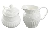 FUYU Relief White Ceramic Creamer and Sugar Bowl