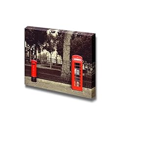 Red Telephone and Post Box in Street with Historical Architecture in London - Canvas Art Wall Art - 12" x 18"