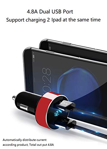 Dual USB Car Charger,4.8A Output,Cigarette Lighter Voltage Meter Compatible for Apple iPhone,iPad,Samsung Galaxy,LG,Google Nexus,USB Charging Devices,Red